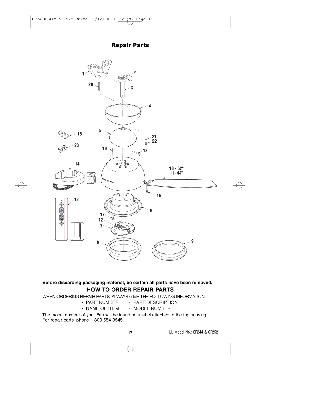 Emerson CF244BS00, CF244WW00, CF244CRM00, CF244ORB00, CF252WW00, CF252CRM00, CF252BS00, CF252ORB00 HOW to Order Repair Parts 