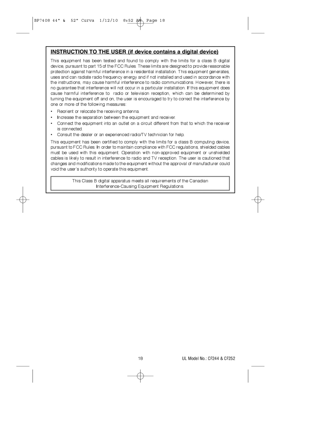 Emerson CF244CRM00, CF244WW00, CF244BS00, CF244ORB00, CF252WW00 Instruction to the User if device contains a digital device 