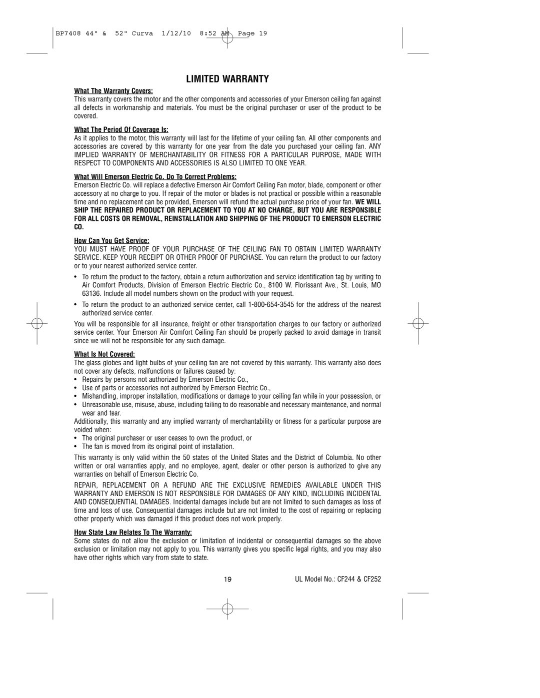 Emerson CF244ORB00, CF244WW00, CF244BS00, CF244CRM00, CF252WW00, CF252CRM00, CF252BS00, CF252ORB00 owner manual Limited Warranty 