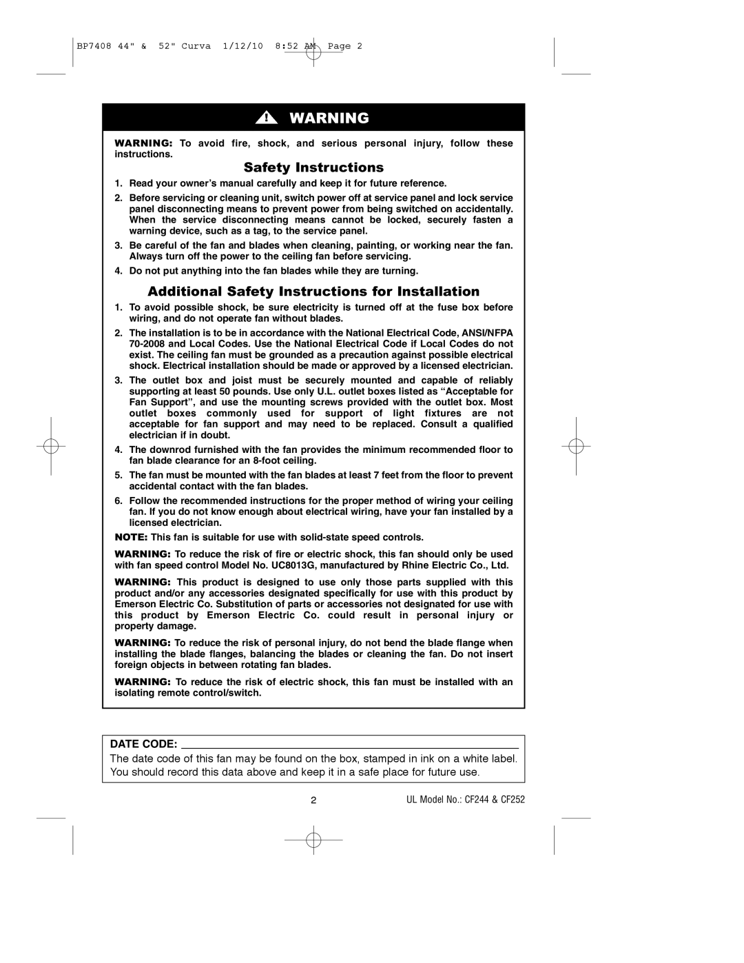 Emerson CF244CRM00, CF244WW00, CF244BS00, CF244ORB00, CF252WW00, CF252BS00 Additional Safety Instructions for Installation 