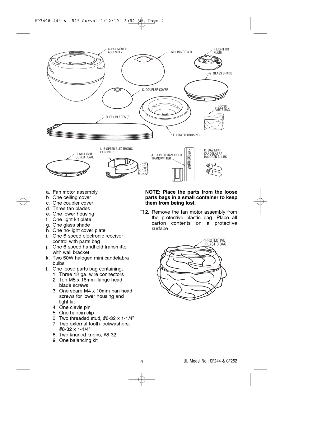 Emerson CF252WW00, CF244WW00, CF244BS00, CF244CRM00, CF244ORB00, CF252CRM00, CF252BS00, CF252ORB00 Protective Plastic BAG 