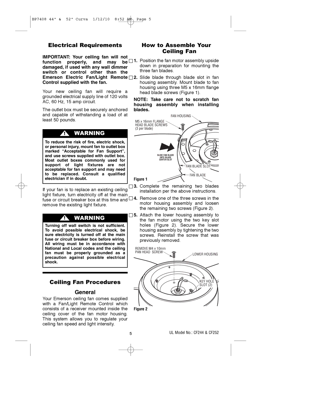 Emerson CF252CRM00, CF244WW00, CF244BS00, CF244CRM00, CF244ORB00 Electrical Requirements, Ceiling Fan Procedures General 