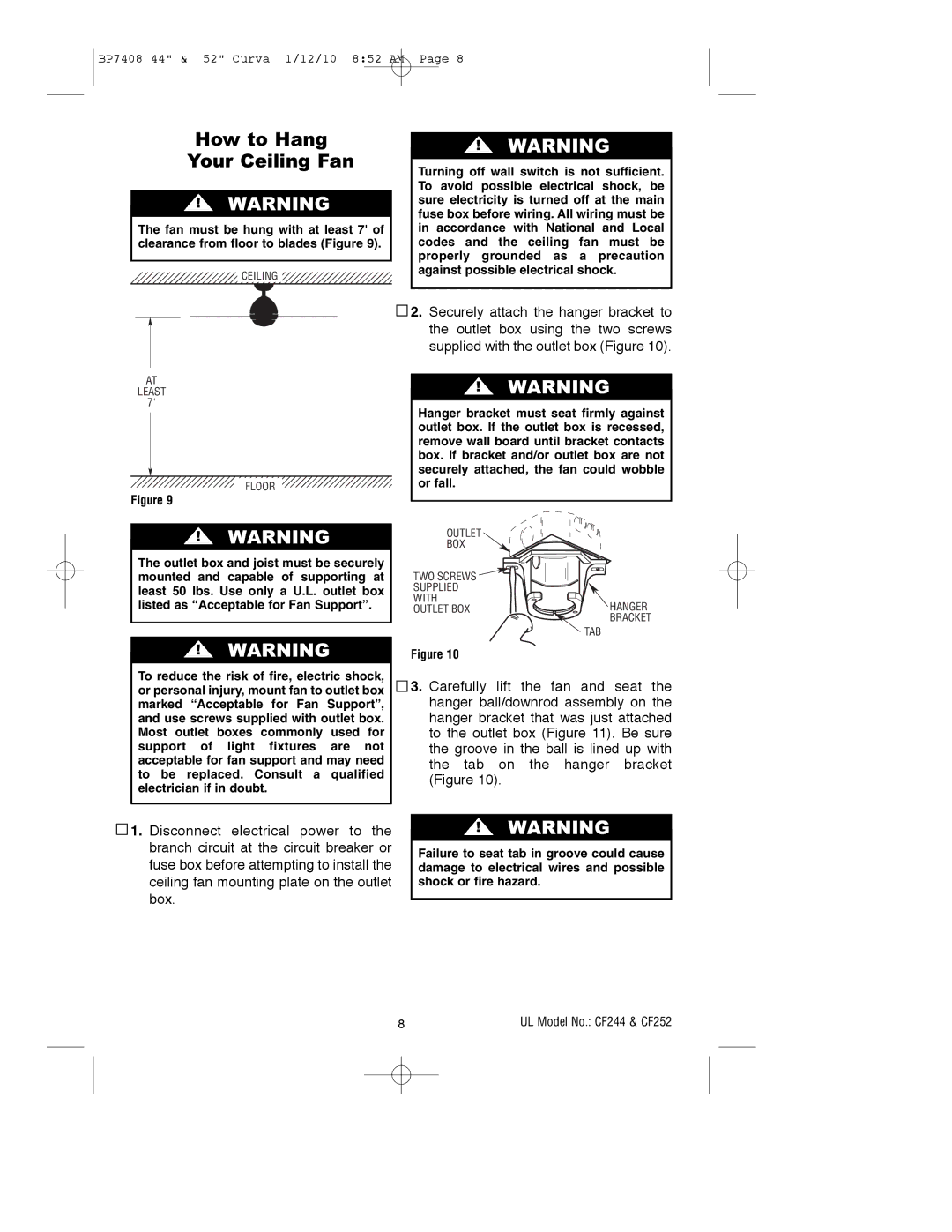 Emerson CF244WW00, CF244BS00, CF244CRM00, CF244ORB00, CF252WW00, CF252CRM00, CF252BS00, CF252ORB00 How to Hang Your Ceiling Fan 