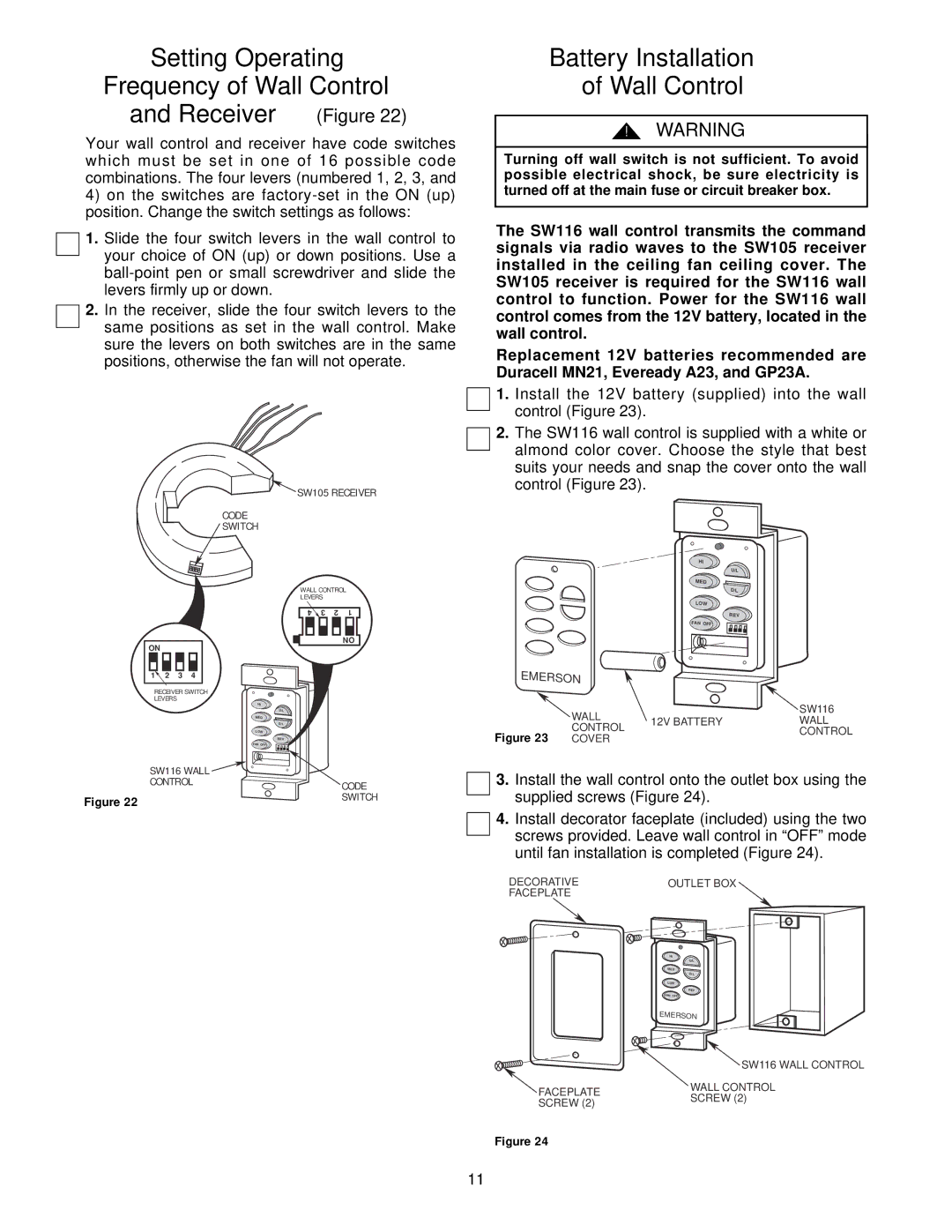 Emerson CF2455PW00 Setting Operating Frequency of Wall Control Receiver Figure, Battery Installation Wall Control 