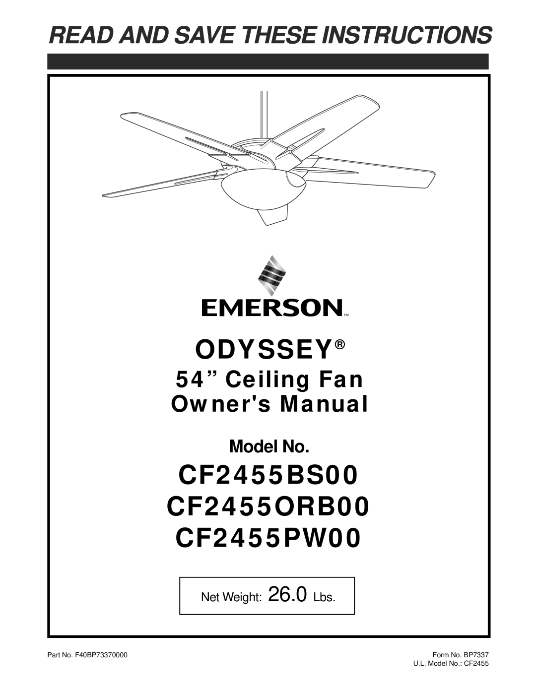 Emerson owner manual Odyssey, CF2455BS00 CF2455ORB00 CF2455PW00, Read And Save These Instructions, Model No 