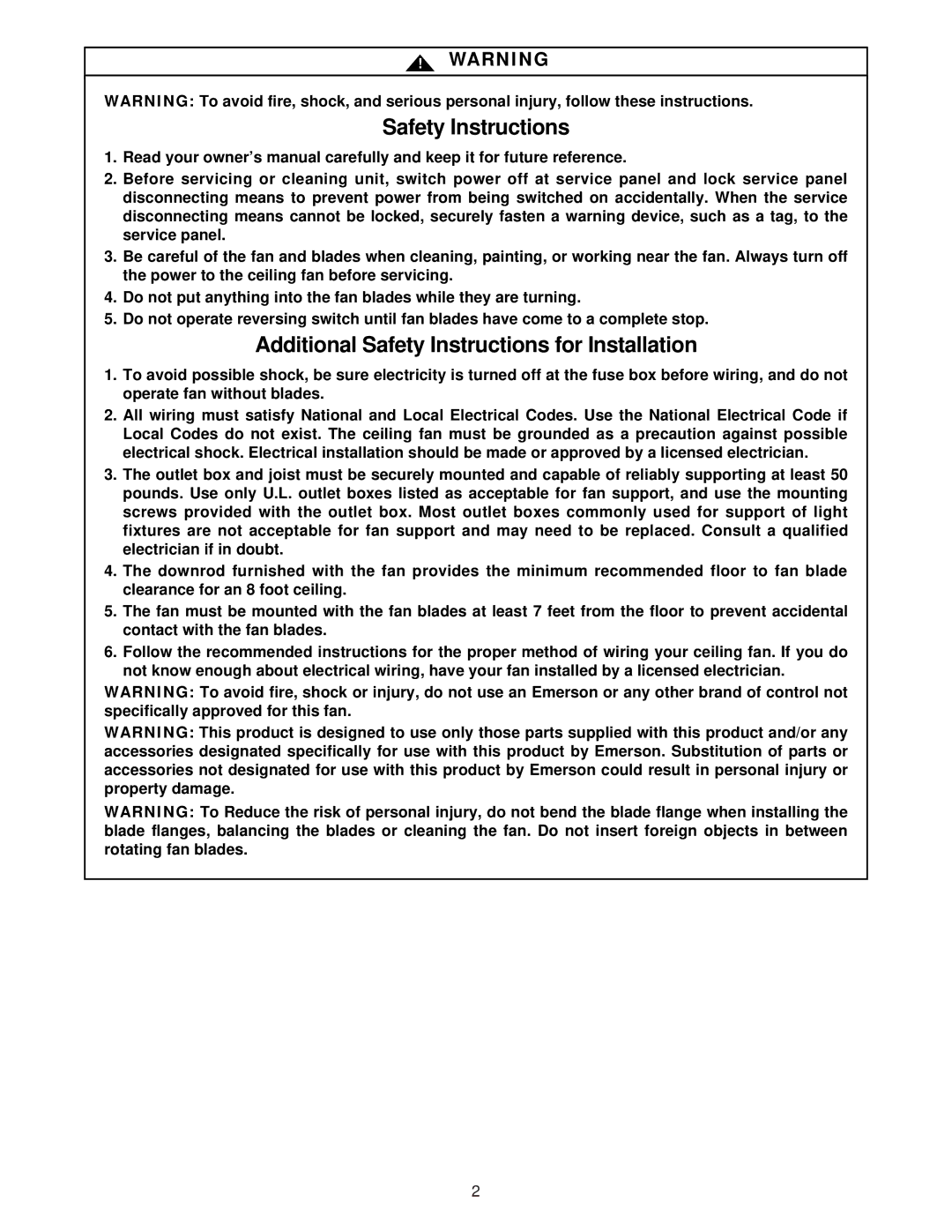 Emerson CF2500TG01, CF2500HTW01, CF2500S01, CF2500OB01 owner manual Safety Instructions 