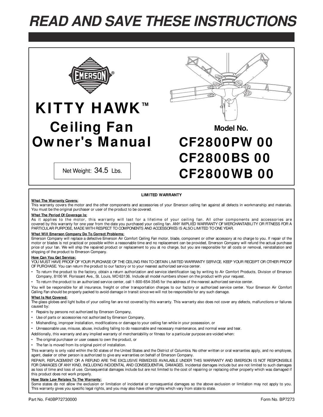 Emerson CF2800WB, CF2800PW, CF2800BS warranty Kitty Hawk 