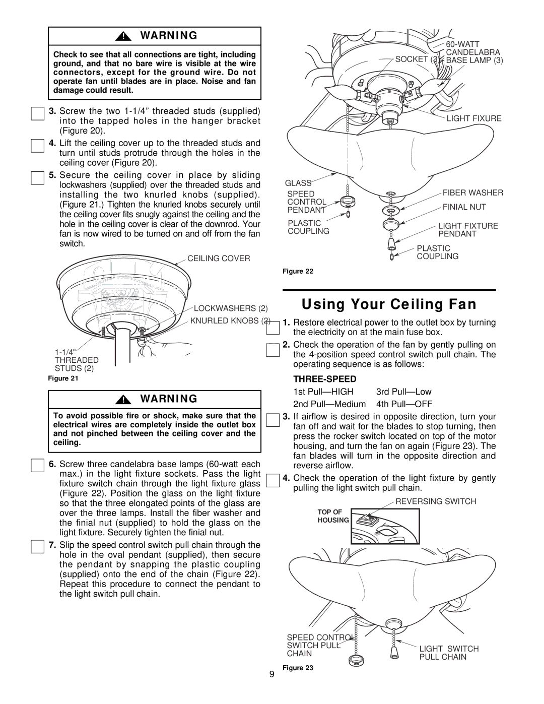 Emerson CF2800PW, CF2800WB, CF2800BS warranty Using Your Ceiling Fan, Three-Speed 