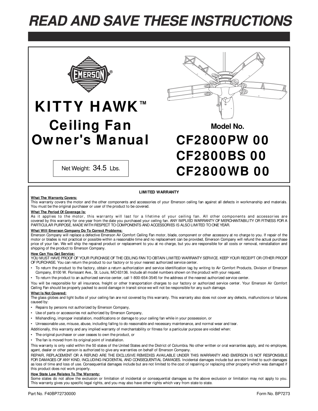 Emerson CF2800WB warranty Model No, Kitty Hawk, Read And Save These Instructions, Ceiling Fan, CF2800PW, CF2800BS 