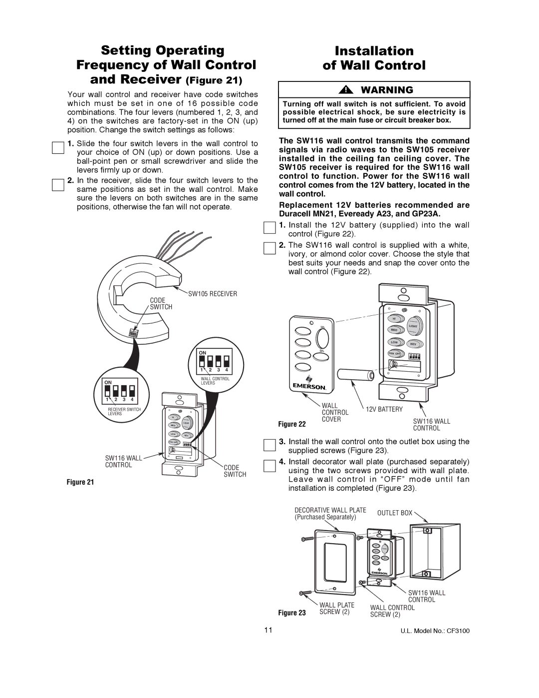 Emerson CF3100AGW00 owner manual Setting Operating Frequency of Wall Control Receiver Figure, Installation Wall Control 