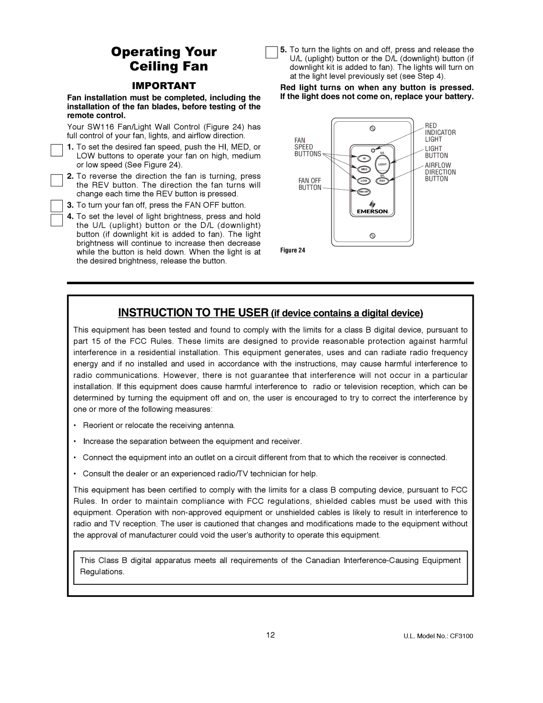 Emerson CF3100AGW00 owner manual Operating Your Ceiling Fan, Instruction to the User if device contains a digital device 