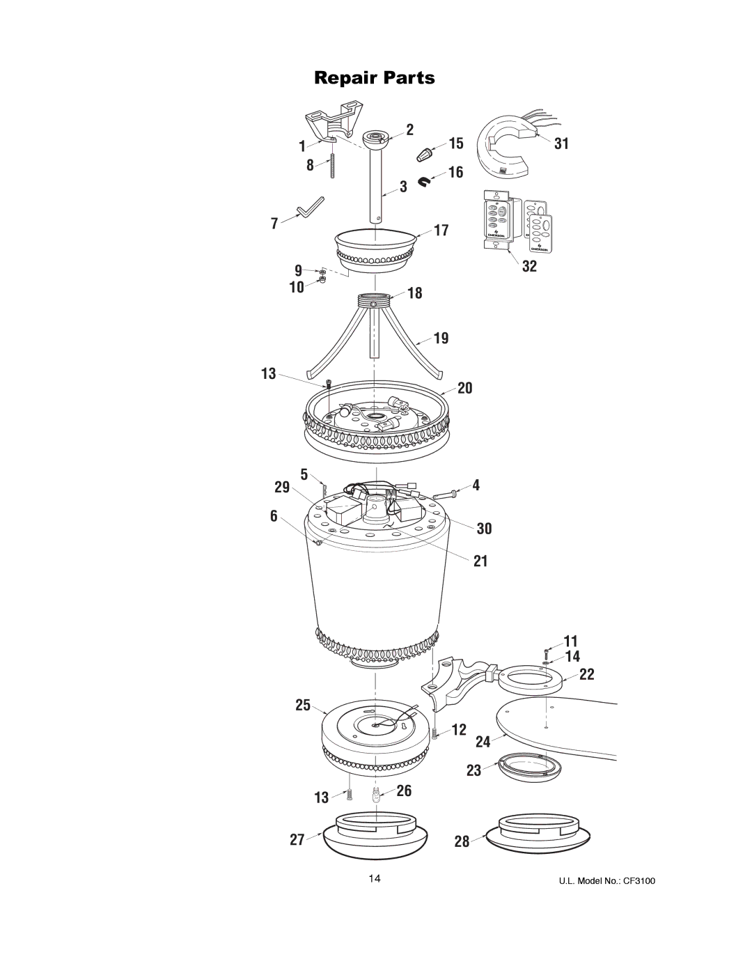 Emerson CF3100AGW00 owner manual Repair Parts 