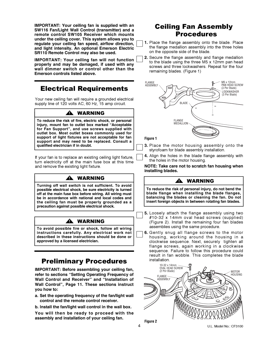 Emerson CF3100AGW00 owner manual Electrical Requirements, Preliminary Procedures, Ceiling Fan Assembly Procedures 