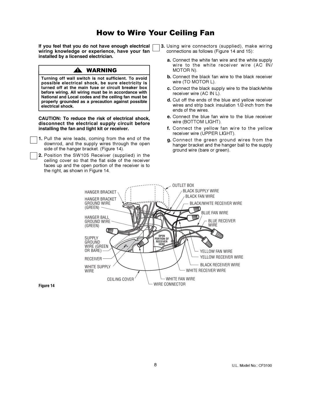 Emerson CF3100AGW00 owner manual How to Wire Your Ceiling Fan, Ceiling Cover White FAN Wire Wire Connector 