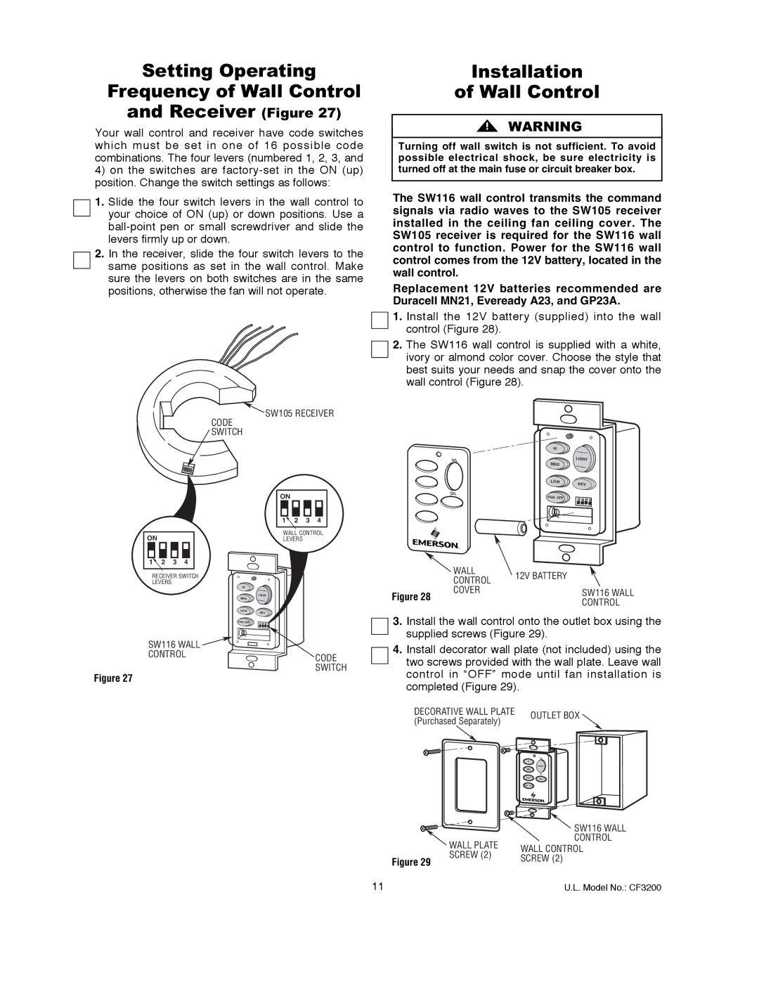 Emerson CF3200AWL00 owner manual Setting Operating Frequency of Wall Control Receiver Figure, Installation Wall Control 