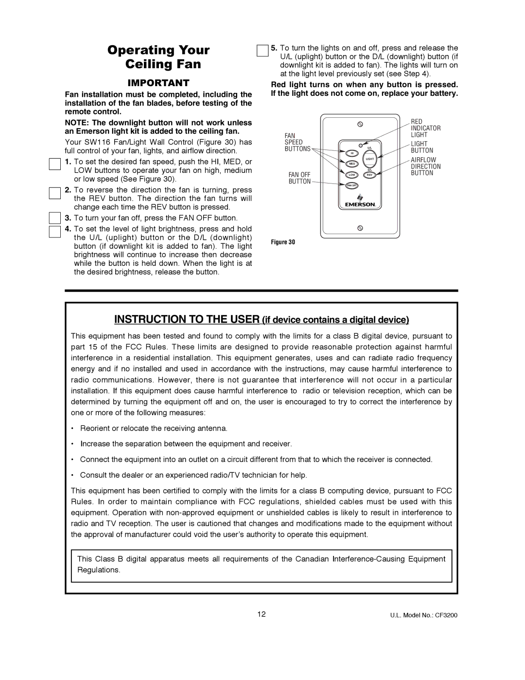 Emerson CF3200AWL00 owner manual Operating Your Ceiling Fan, Instruction to the User if device contains a digital device 