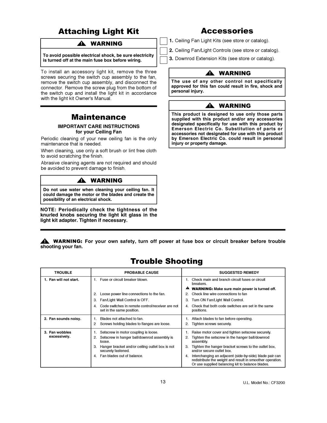 Emerson CF3200AWL00 owner manual Attaching Light Kit, Accessories, Maintenance, Trouble Shooting 