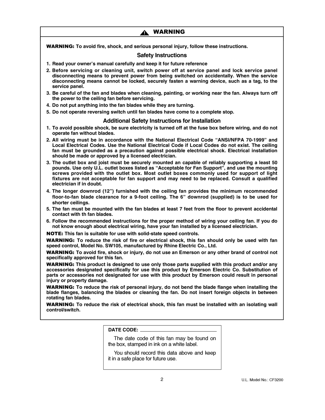 Emerson CF3200AWL00 owner manual Safety Instructions 