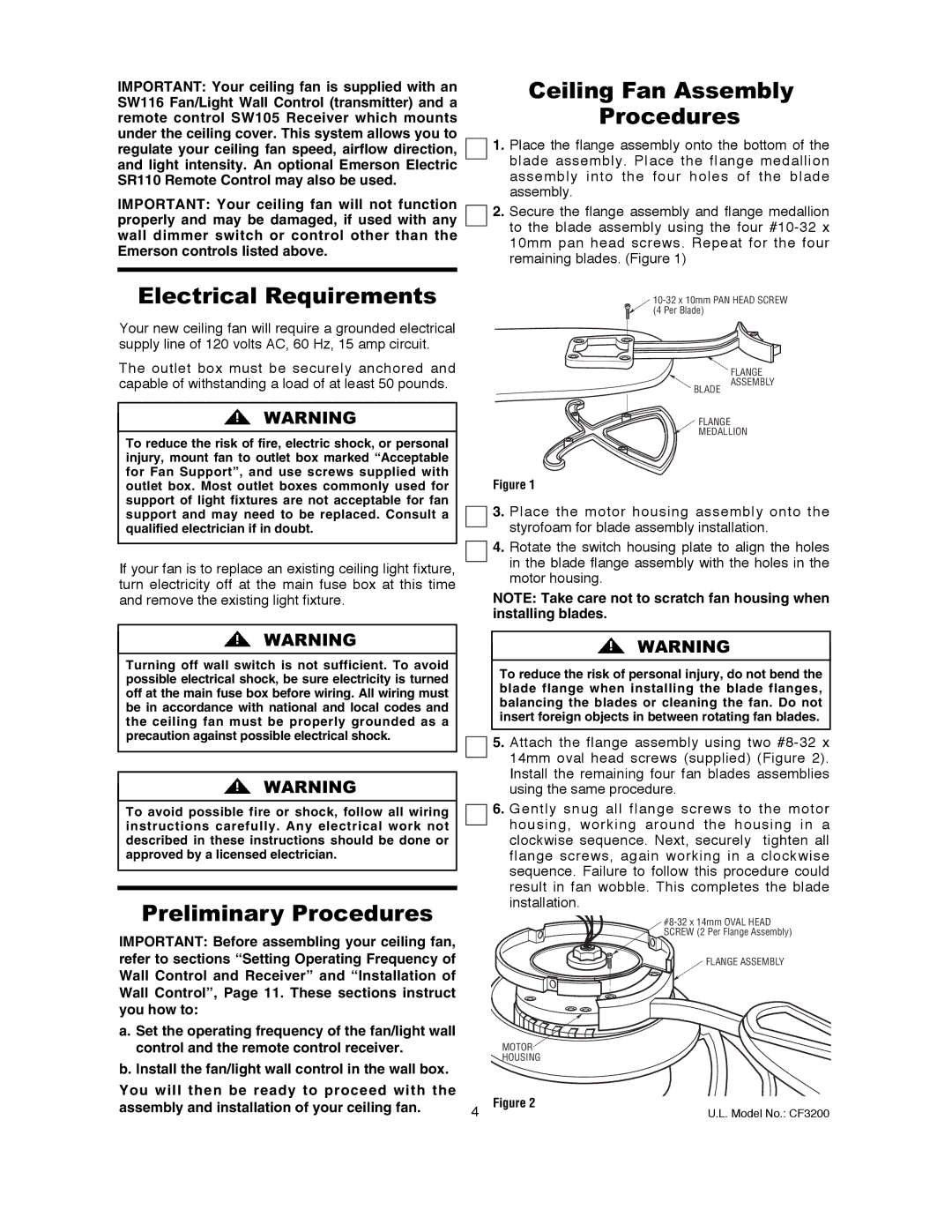 Emerson CF3200AWL00 owner manual Electrical Requirements, Ceiling Fan Assembly Procedures, Preliminary Procedures 