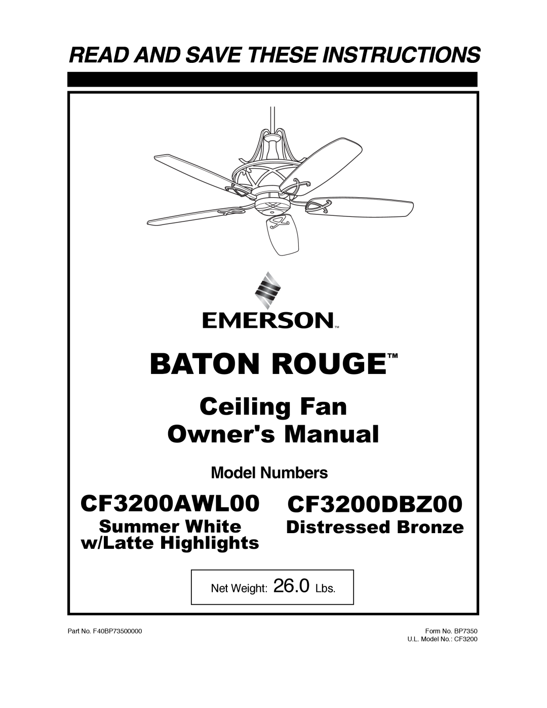 Emerson owner manual Baton Rouge, CF3200AWL00 CF3200DBZ00, Read And Save These Instructions, Model Numbers 