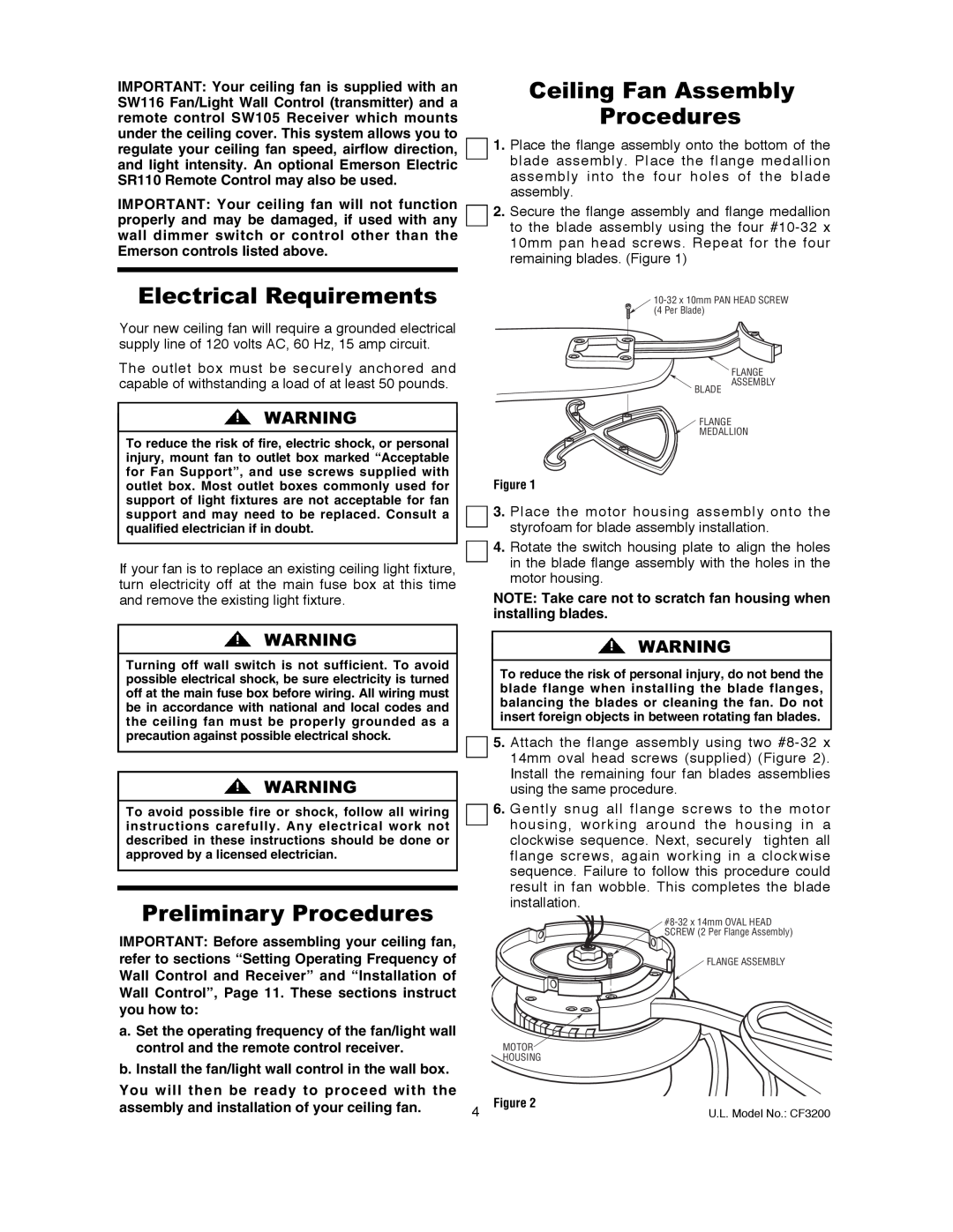 Emerson CF3200AWL00 owner manual Electrical Requirements, Ceiling Fan Assembly Procedures, Preliminary Procedures 
