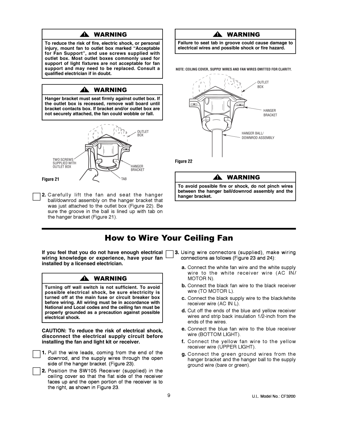 Emerson CF3200AWL00 owner manual How to Wire Your Ceiling Fan 