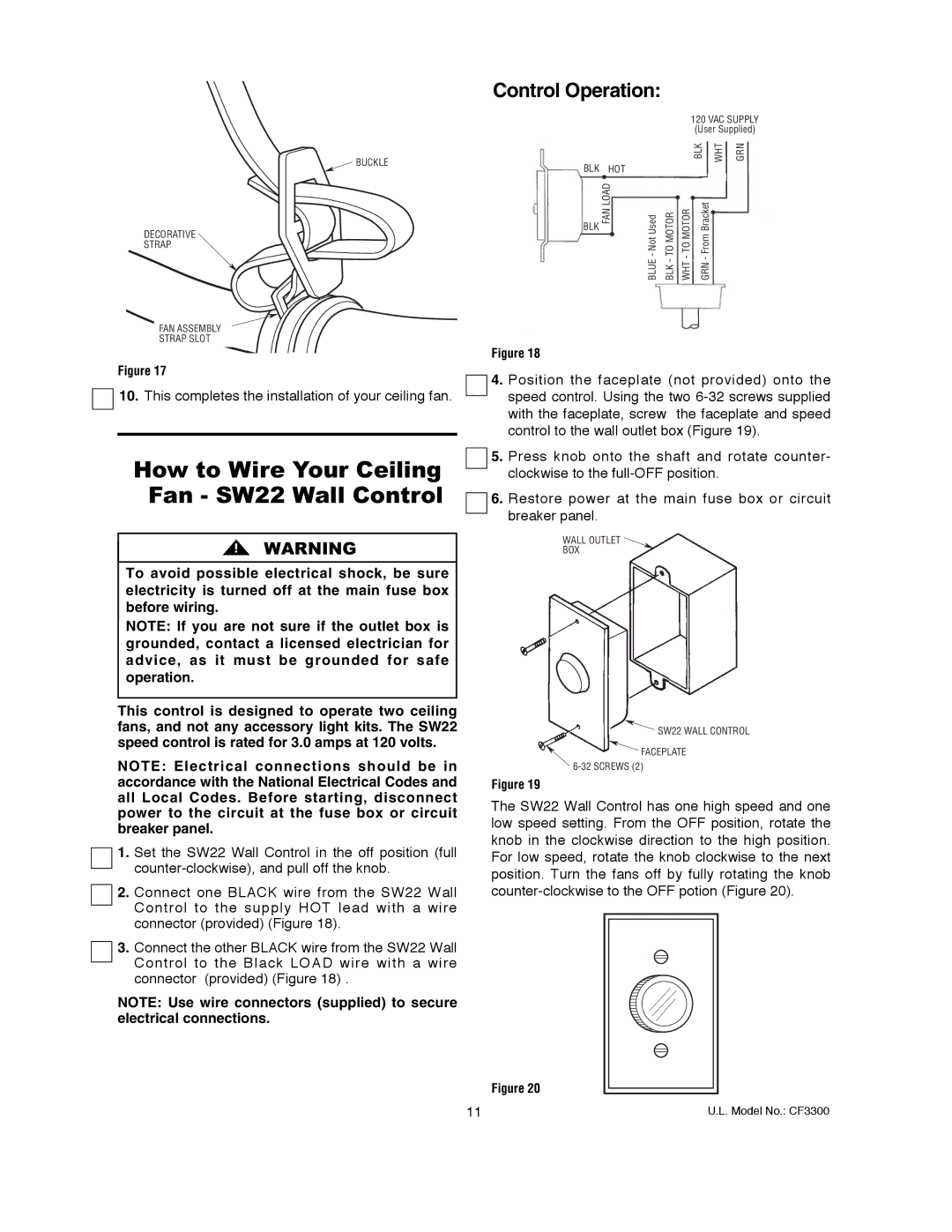 Emerson CF3300ORH, CF3300AP warranty How to Wire Your Ceiling Fan SW22 Wall Control, Control Operation 