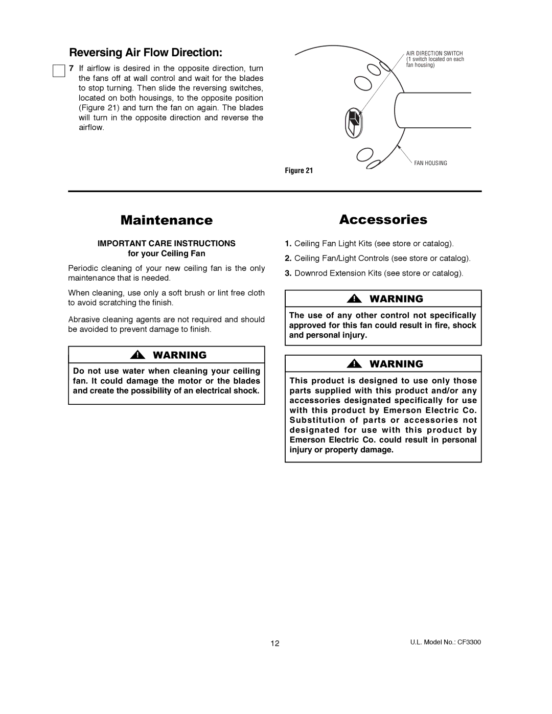 Emerson CF3300AP, CF3300ORH warranty Maintenance, Accessories, Reversing Air Flow Direction 