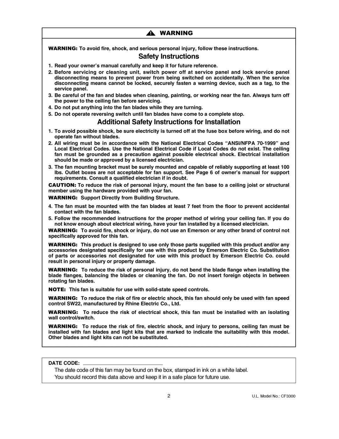 Emerson CF3300AP, CF3300ORH warranty Additional Safety Instructions for Installation 