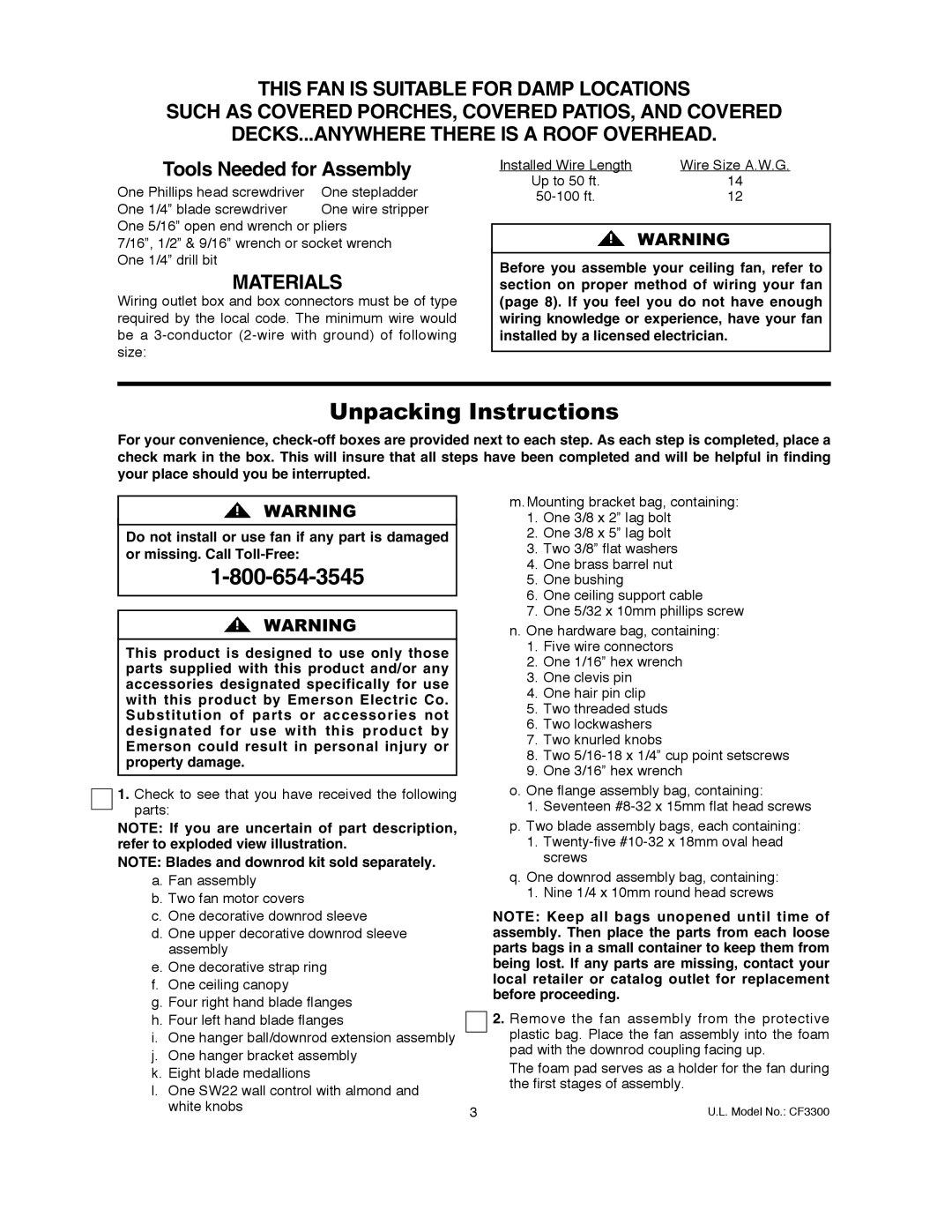 Emerson CF3300ORH, CF3300AP warranty Unpacking Instructions, Tools Needed for Assembly 