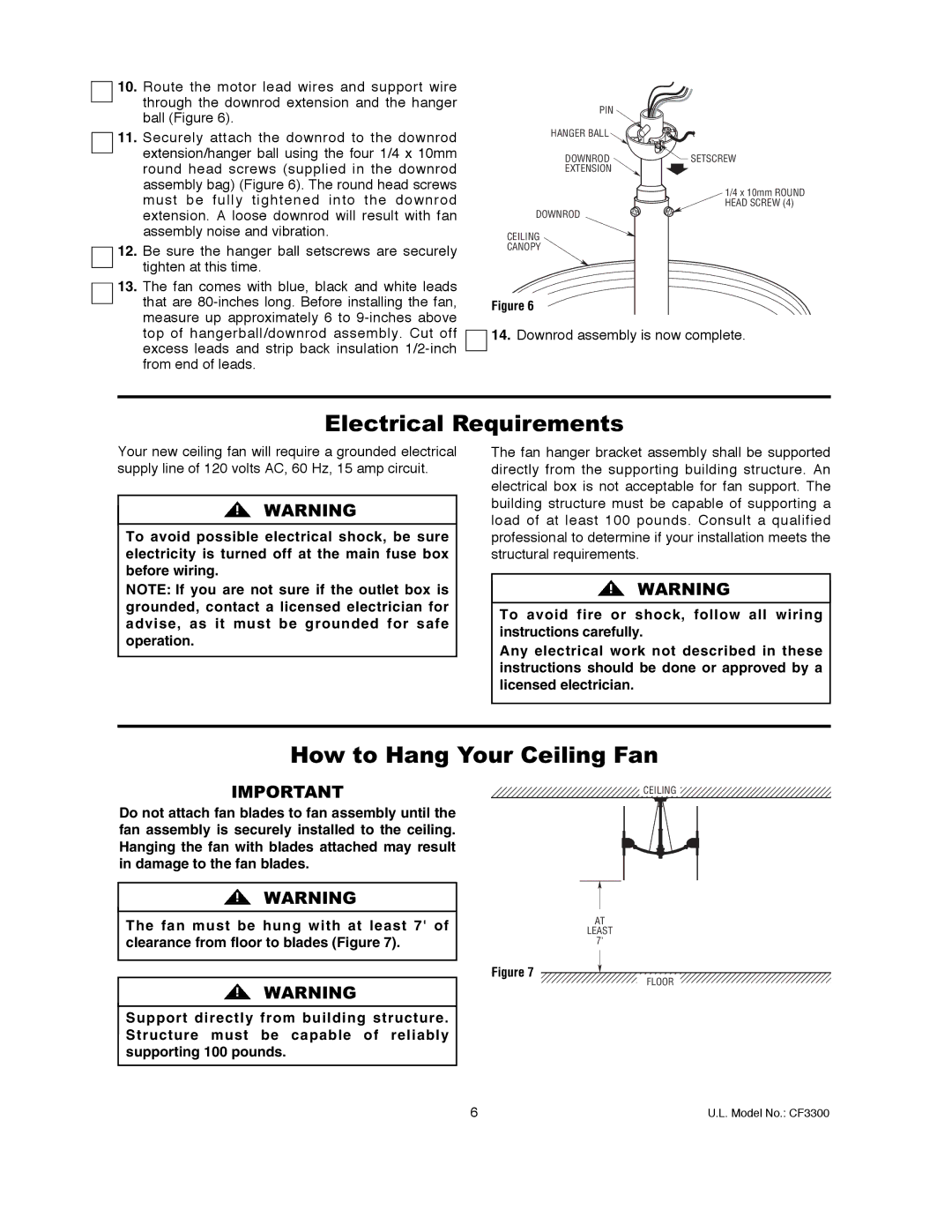 Emerson CF3300AP, CF3300ORH warranty Electrical Requirements, How to Hang Your Ceiling Fan 