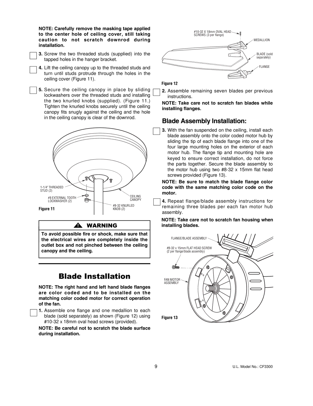 Emerson CF3300ORH, CF3300AP warranty Blade Installation, Blade Assembly Installation 