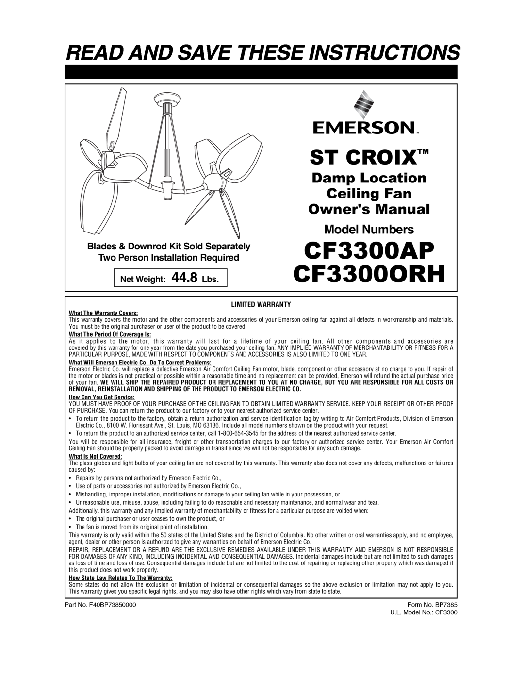 Emerson CF3300ORH warranty CF3300AP, Read And Save These Instructions, St Croix, Damp Location, Ceiling Fan, Model Numbers 