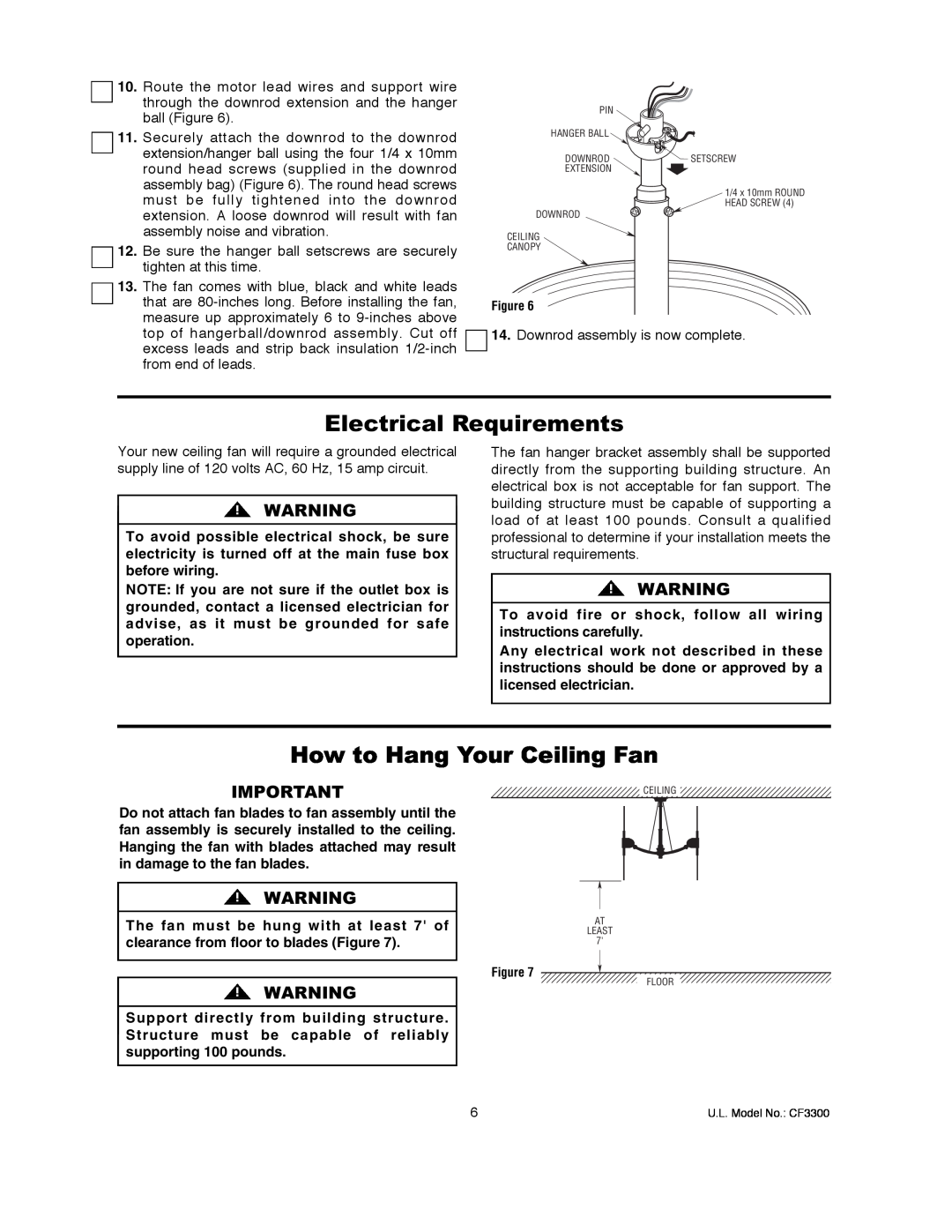 Emerson CF3300AP, CF3300ORH warranty Electrical Requirements, How to Hang Your Ceiling Fan 