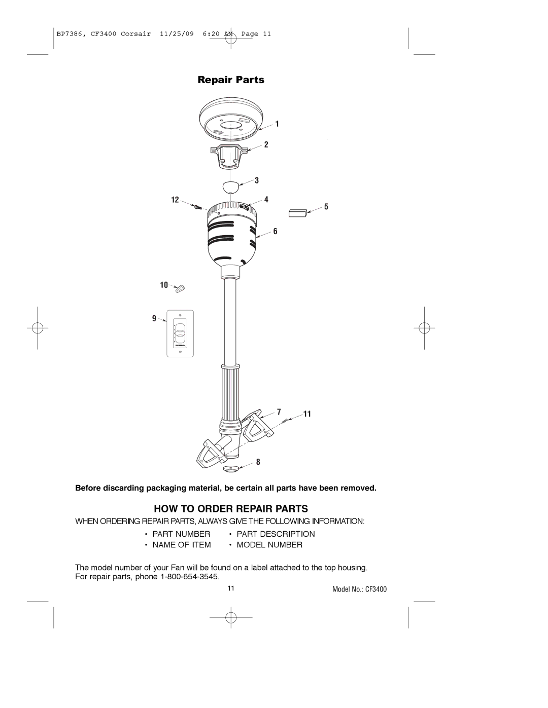 Emerson CF3400AP, CF3400ORH owner manual HOW to Order Repair Parts 