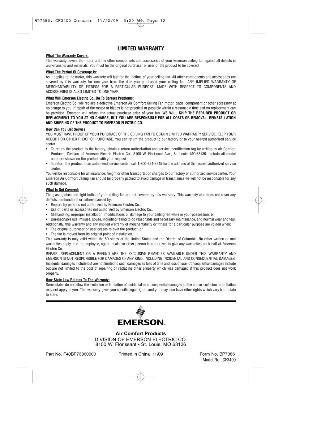 Emerson CF3400ORH, CF3400AP owner manual Limited Warranty 