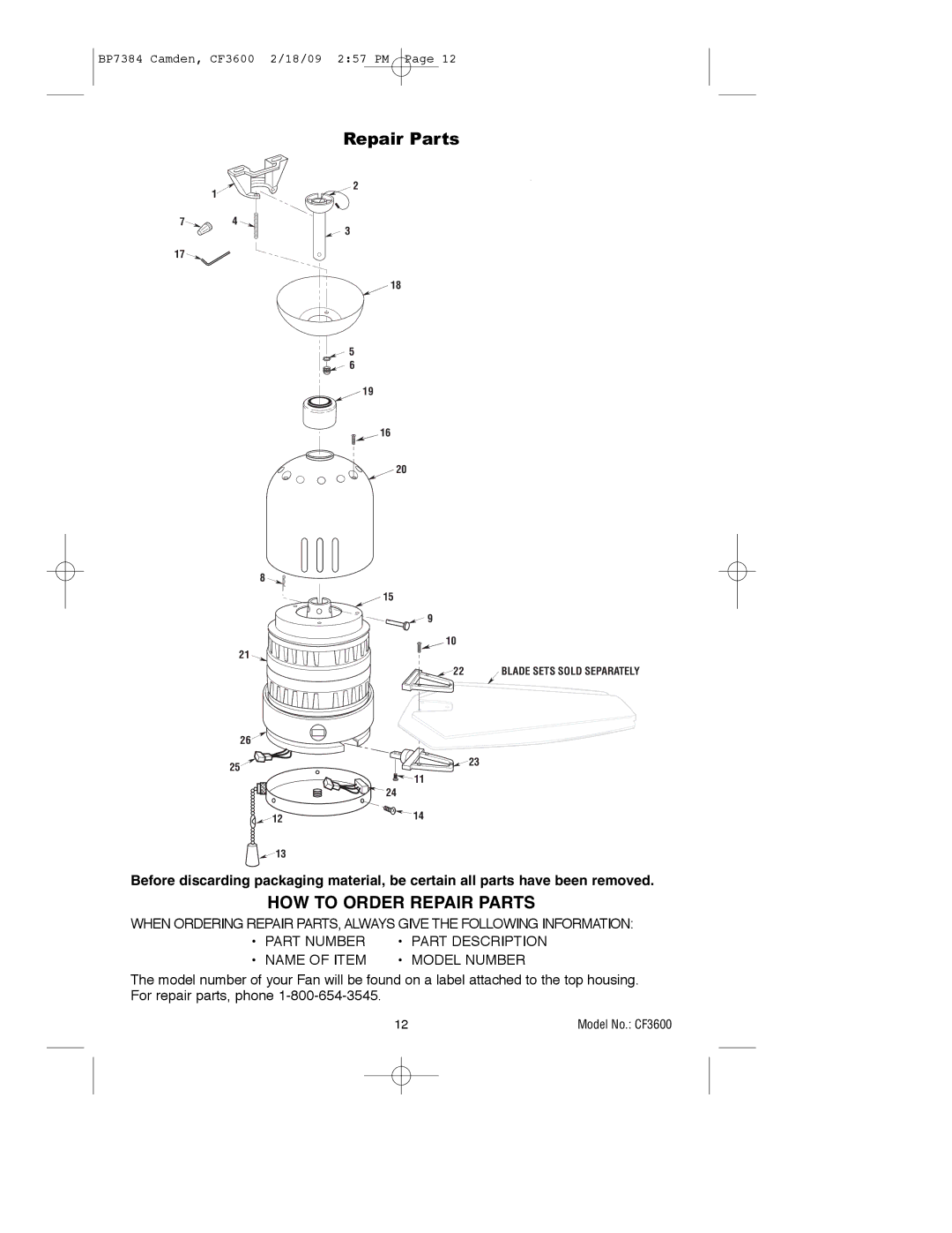 Emerson CF3600AP, CF3600ORH owner manual HOW to Order Repair Parts 