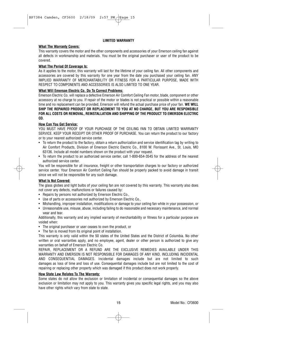 Emerson CF3600ORH, CF3600AP owner manual Limited Warranty 