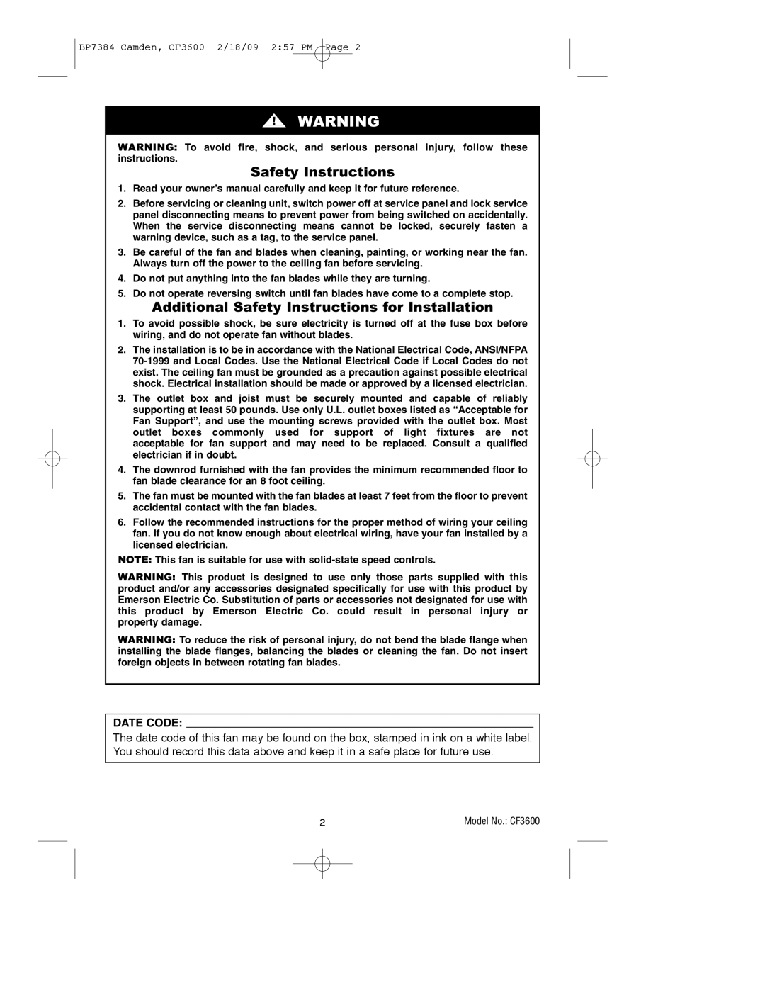 Emerson CF3600AP, CF3600ORH owner manual Additional Safety Instructions for Installation 