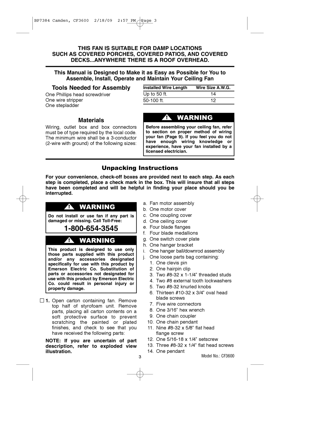 Emerson CF3600ORH, CF3600AP owner manual Materials, Unpacking Instructions 