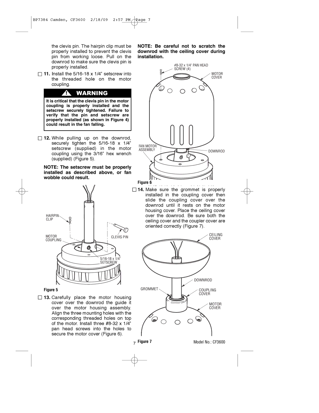 Emerson CF3600ORH, CF3600AP owner manual Ceiling Cover Downrod 