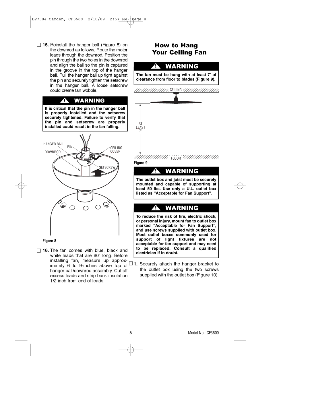 Emerson CF3600AP, CF3600ORH owner manual How to Hang Your Ceiling Fan 