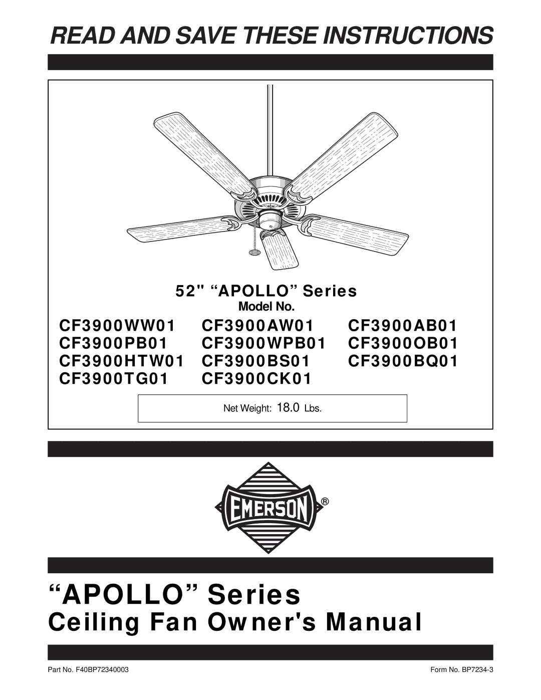 Emerson CF3900WW01, CF3900WPB01, CF3900AB01, CF3900BQ01, CF3900BS01, CF3900AW01, CF3900TG01 owner manual Apollo Series 