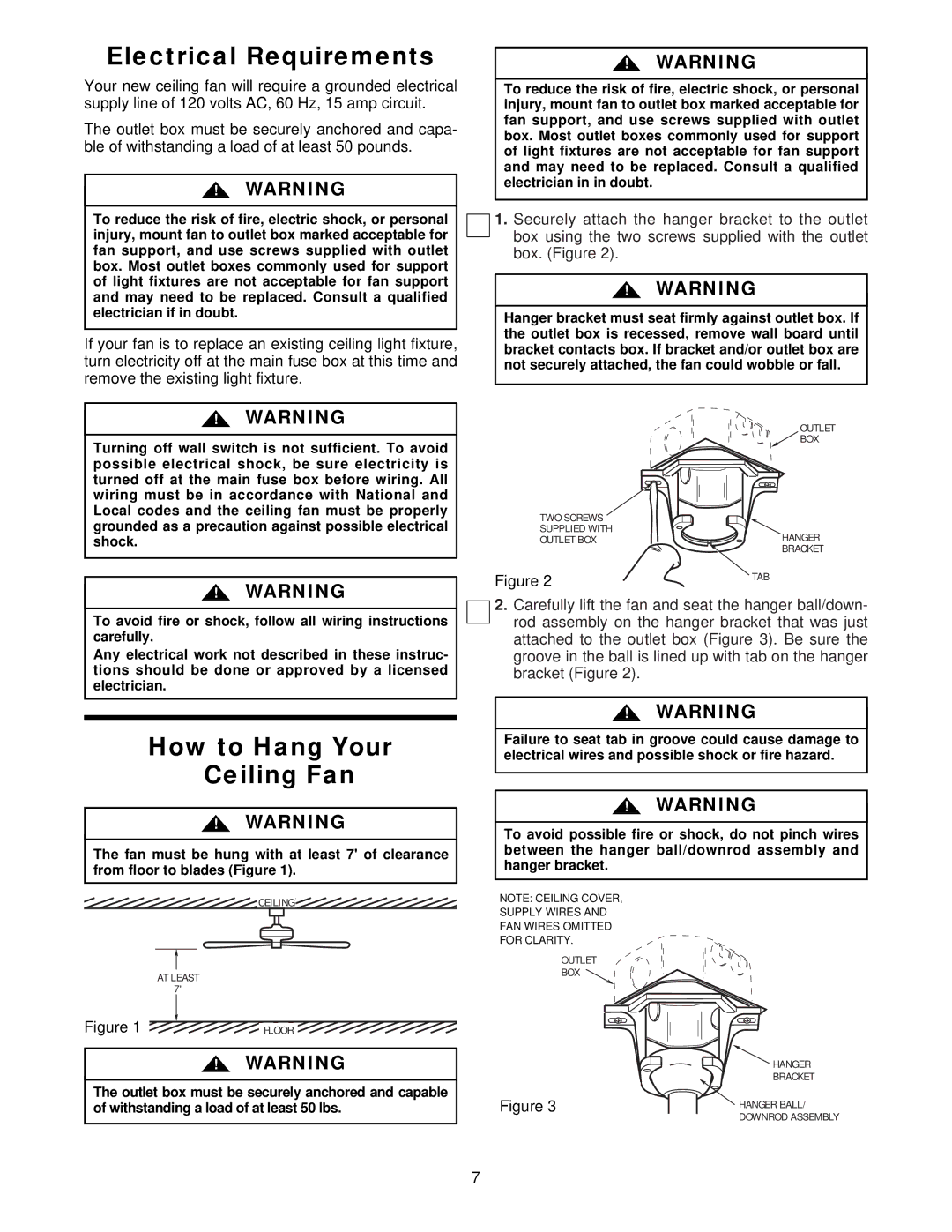 Emerson CF3900OB01, CF3900WPB01, CF3900WW01, CF3900AB01, CF3900BQ01 Electrical Requirements, How to Hang Your Ceiling Fan 