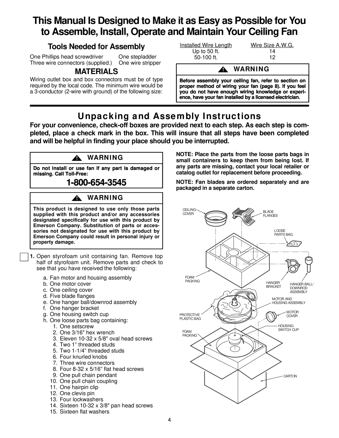 Emerson CF3900BS01, CF3900WPB01, CF3900WW01 Unpacking and Assembly Instructions, Tools Needed for Assembly, Materials 