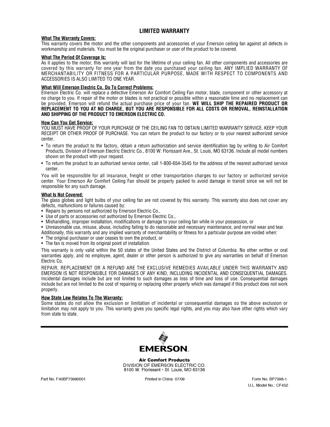 Emerson CF452GES00 What The Warranty Covers, What The Period Of Coverage Is, How Can You Get Service, What Is Not Covered 