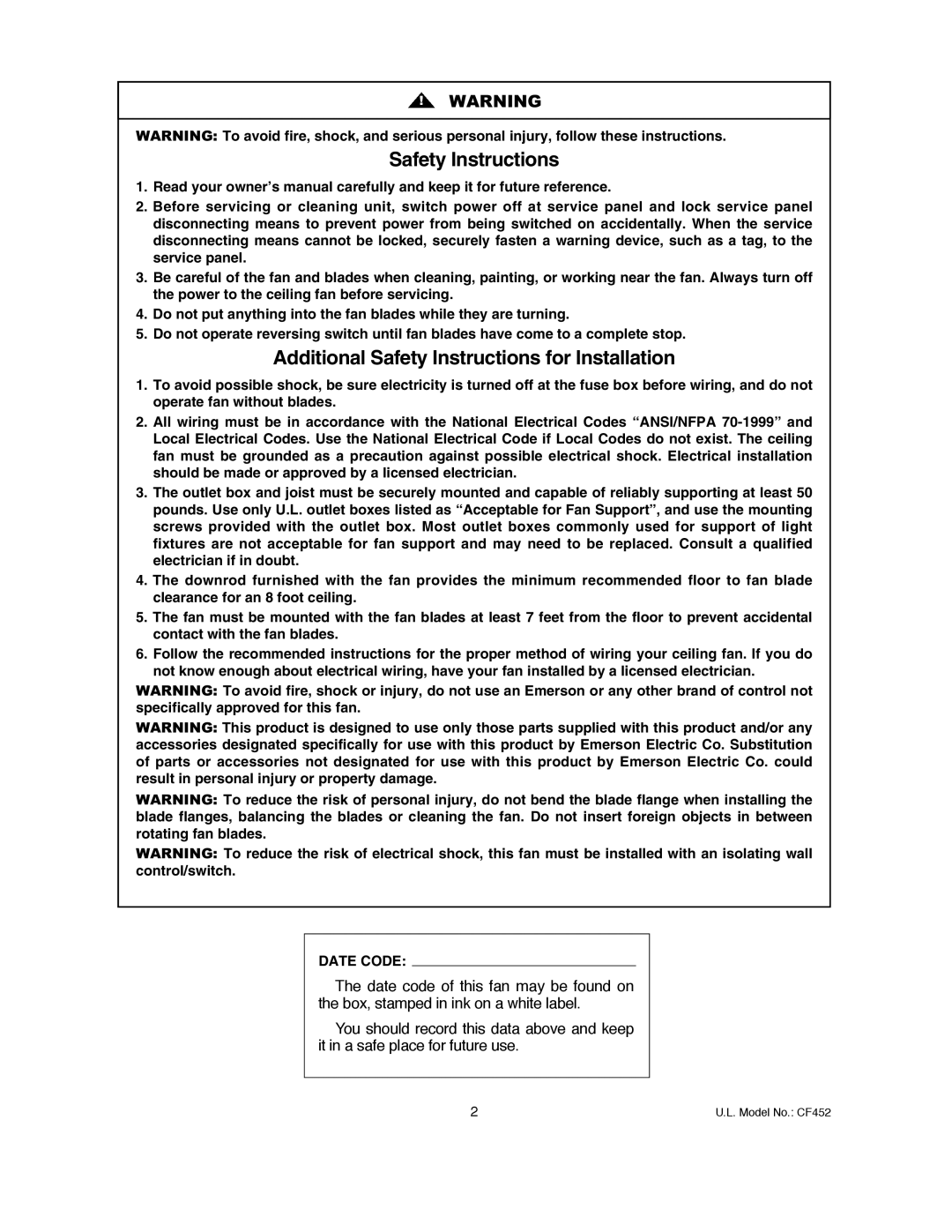 Emerson CF452BS00, CF452GES00, CF452GBZ00, CF452ORB00, CF452AP00, CF452AW00 owner manual Safety Instructions 