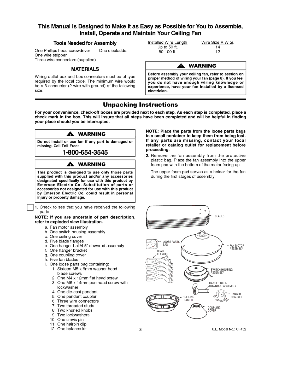 Emerson CF452ORB00, CF452GES00, CF452GBZ00, CF452BS00 Tools Needed for Assembly, Refer to exploded view illustration 