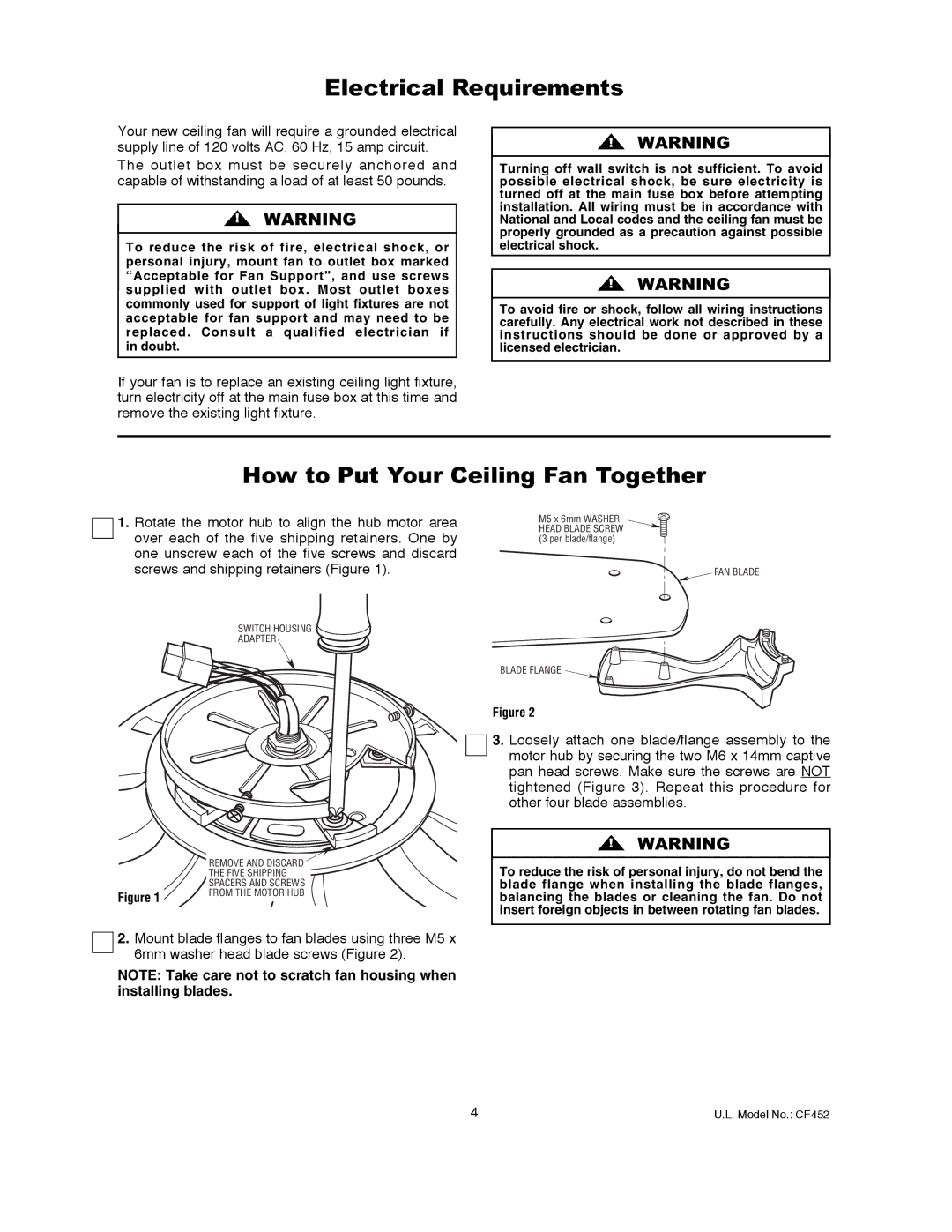 Emerson CF452AP00, CF452GES00, CF452GBZ00, CF452BS00, CF452AW00 Electrical Requirements, How to Put Your Ceiling Fan Together 