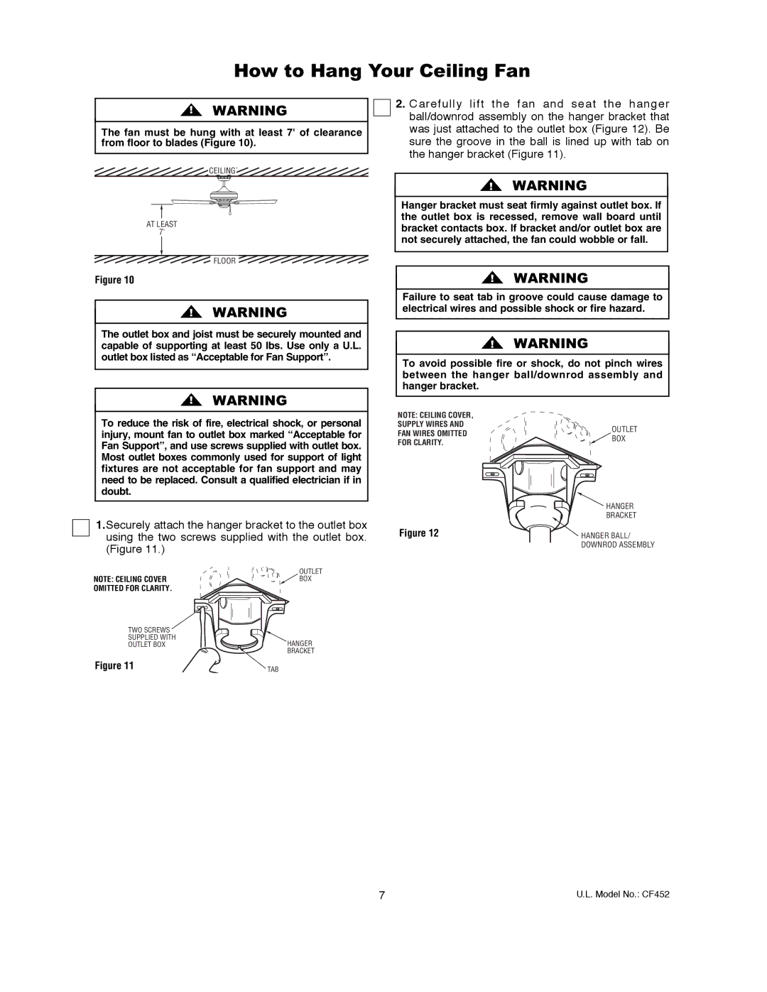 Emerson CF452GBZ00, CF452GES00, CF452BS00, CF452ORB00, CF452AP00, CF452AW00 owner manual How to Hang Your Ceiling Fan 